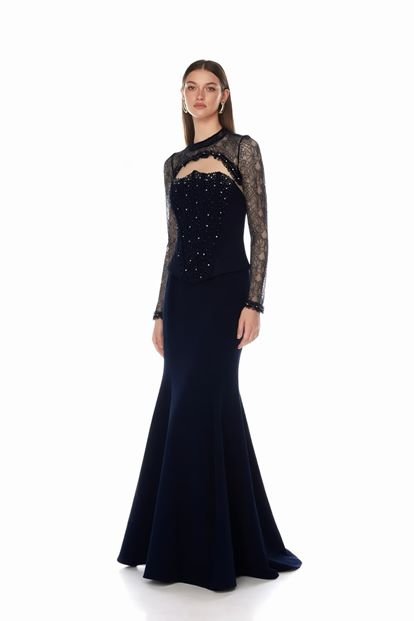 Lacivert Korse Detaylı Dantel Görünümlü Abiye Elbise